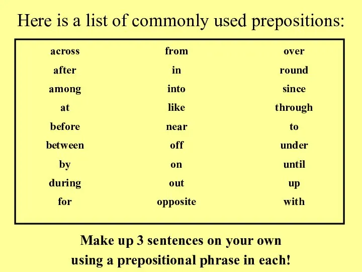 Here is a list of commonly used prepositions: Make up 3 sentences