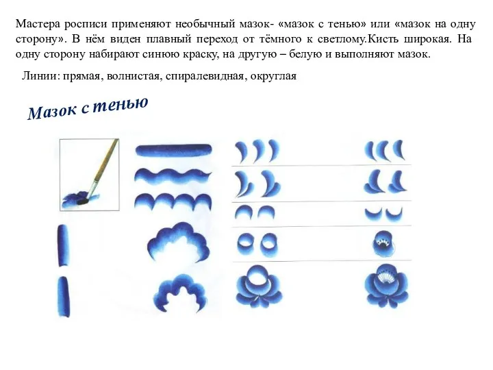 Мастера росписи применяют необычный мазок- «мазок с тенью» или «мазок на одну