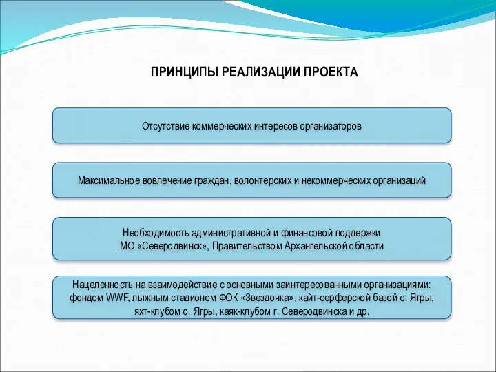 ПРИНЦИПЫ РЕАЛИЗАЦИИ ПРОЕКТА Максимальное вовлечение граждан, волонтерских и некоммерческих организаций Отсутствие коммерческих