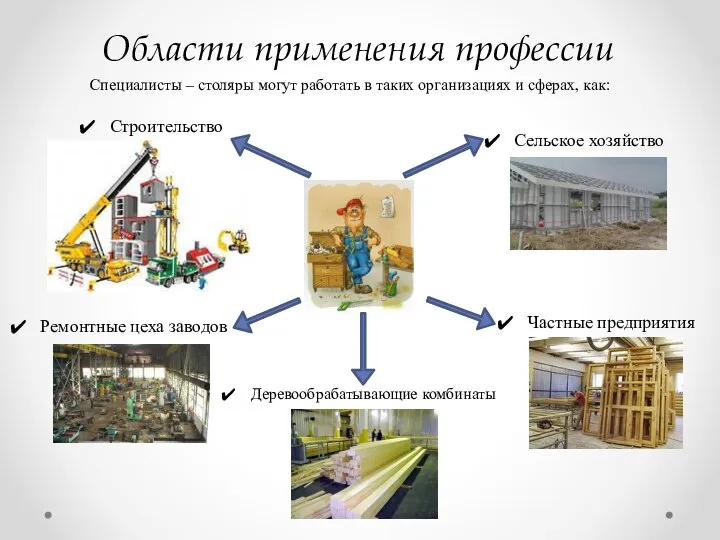 Области применения профессии Специалисты – столяры могут работать в таких организациях и