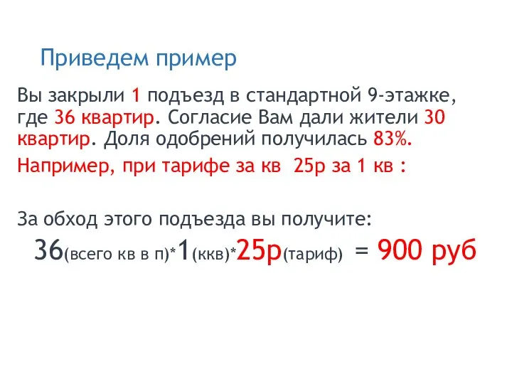 Приведем пример Вы закрыли 1 подъезд в стандартной 9-этажке, где 36 квартир.