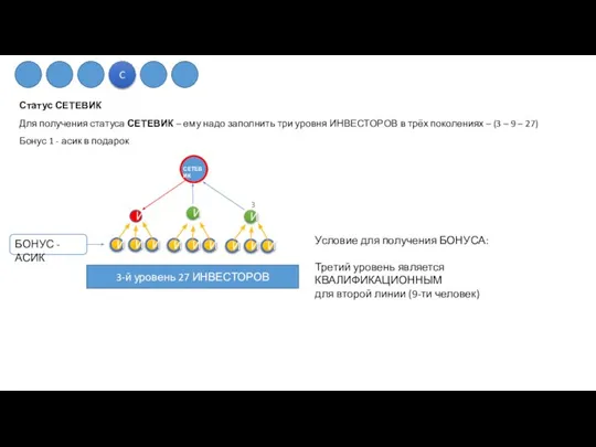 Статус СЕТЕВИК Для получения статуса СЕТЕВИК – ему надо заполнить три уровня