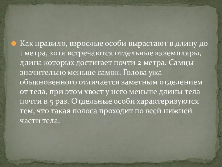 Как правило, взрослые особи вырастают в длину до 1 метра, хотя встречаются