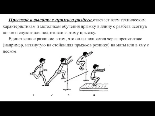 Прыжок в высоту с прямого разбега отвечает всем техническим характеристикам и методикам