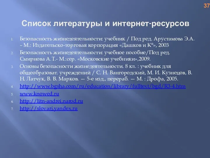 Список литературы и интернет-ресурсов Безопасность жизнедеятельности: учебник / Под ред. Арустамова Э.А.