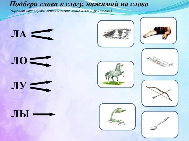 Подбери слова к слогу, нажимай на слово (корзинка слов : лужа, лошадь,