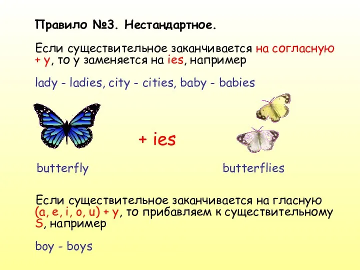 Правило №3. Нестандартное. Если существительное заканчивается на согласную + y, то y