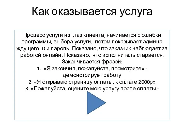 Как оказывается услуга Процесс услуги из глаз клиента, начинается с ошибки программы,