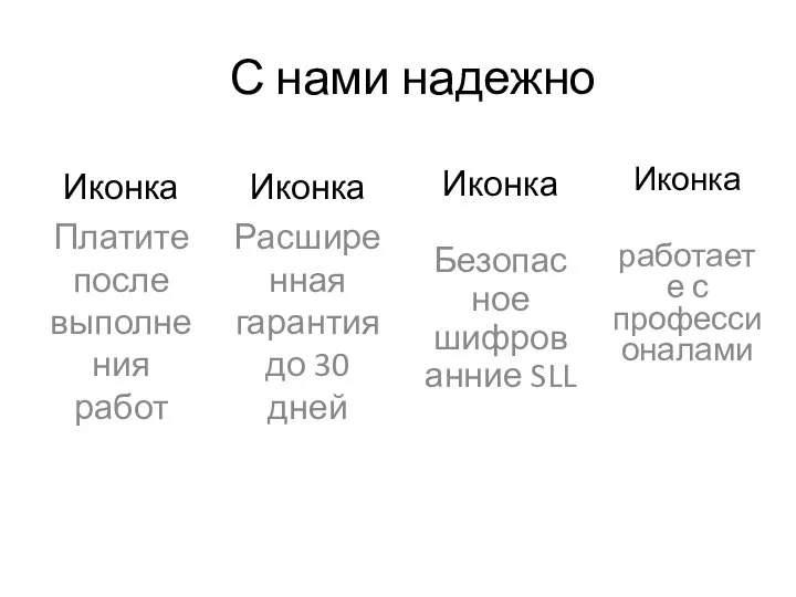 С нами надежно Иконка Платите после выполнения работ Иконка Расширенная гарантия до