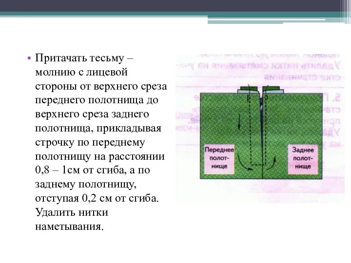 Притачать тесьму – молнию с лицевой стороны от верхнего среза переднего полотнища