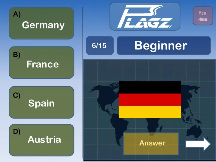 France Germany Spain Austria A) B) C) D) Beginner 6/15 Main Menu Answer