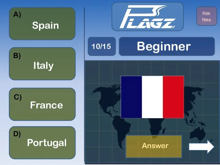 Italy France Spain Portugal A) B) C) D) Beginner 10/15 Main Menu Answer