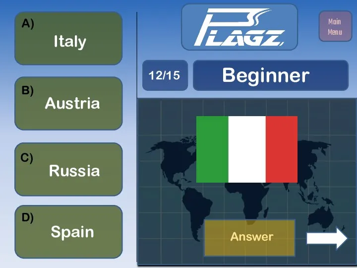 Russia Italy Austria Spain A) B) C) D) Beginner 12/15 Main Menu Answer