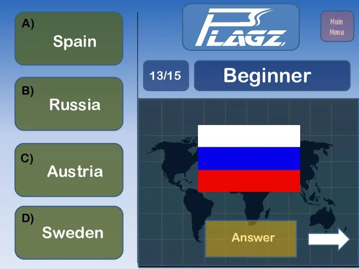 Austria Russia Spain Sweden A) B) C) D) Beginner 13/15 Main Menu Answer