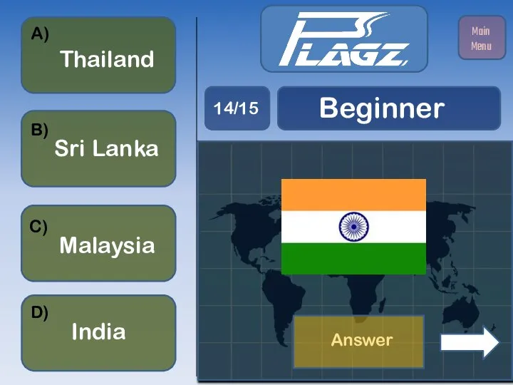 Malaysia India Thailand Sri Lanka A) B) C) D) Beginner 14/15 Main Menu Answer