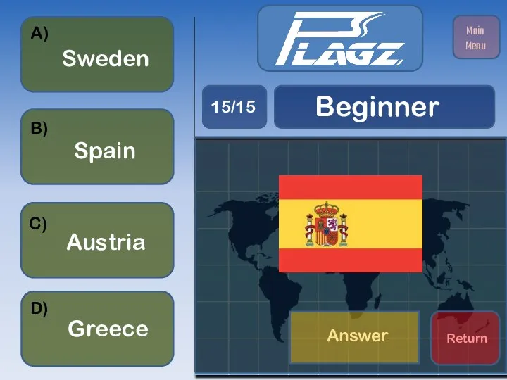 Austria Spain Sweden Greece A) B) C) D) Beginner 15/15 Main Menu Answer Return