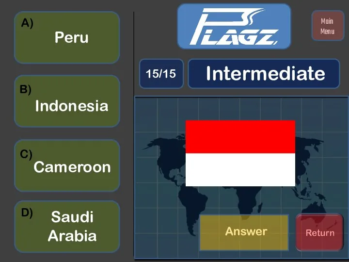 Saudi Arabia Indonesia Cameroon Peru A) B) C) D) Intermediate 15/15 Main Menu Answer