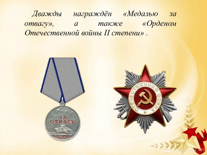 Дважды награждён «Медалью за отвагу», а также «Орденом Отечественной войны II степени» .