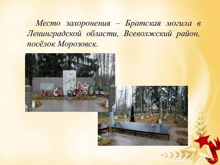 Место захоронения – Братская могила в Ленинградской области, Всеволжский район, посёлок Морозовск.