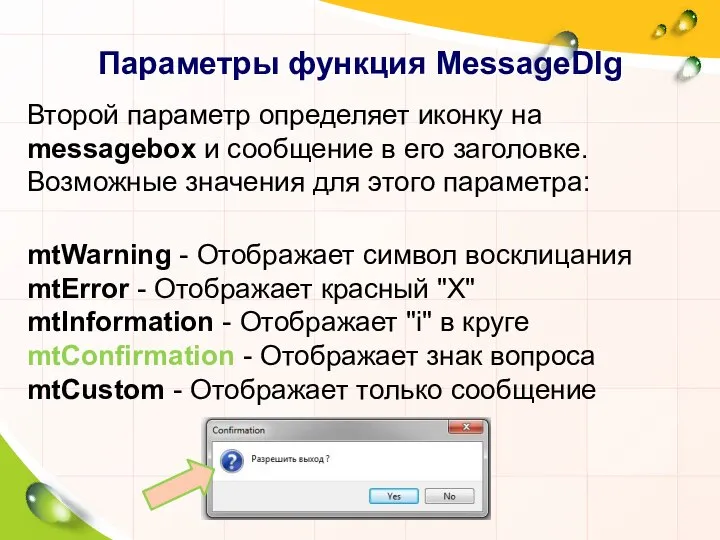 Параметры функция MessageDlg Второй параметр определяет иконку на messagebox и сообщение в