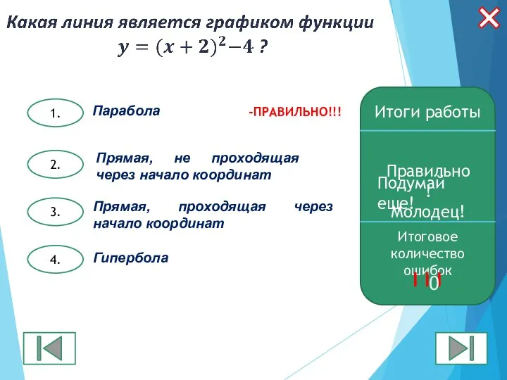 1. 2. 3. 4. Итоги работы Правильно! Молодец! Итоговое количество ошибок I