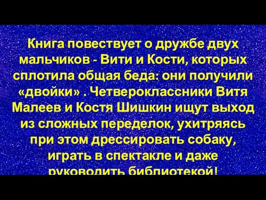 Книга повествует о дружбе двух мальчиков - Вити и Кости, которых сплотила