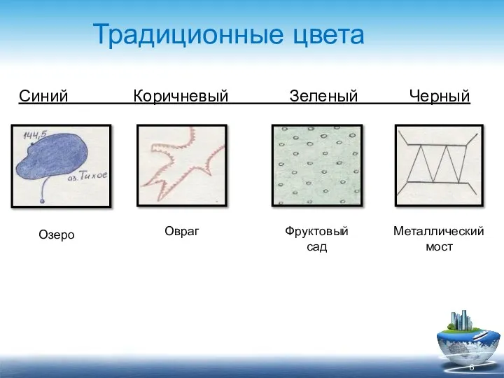 Синий Коричневый Зеленый Черный Озеро Металлический мост Фруктовый сад Овраг Традиционные цвета