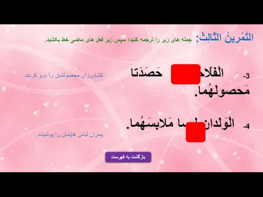 3- الْفَلّاحَتانِ حَصَدَتا مَحصولَهُما. 4- الْوَلَدانِ لَبِسا مَلابِسَهُما. التَّمْرينُ الثّالِثُ: جمله های