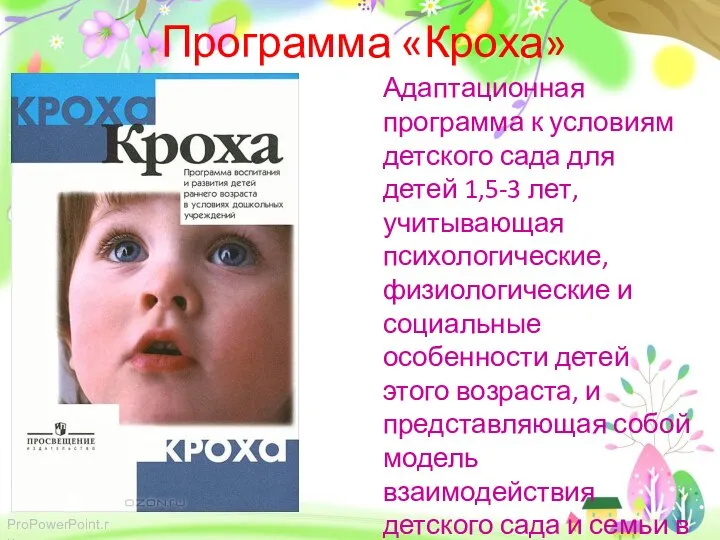 Программа «Кроха» Адаптационная программа к условиям детского сада для детей 1,5-3 лет,