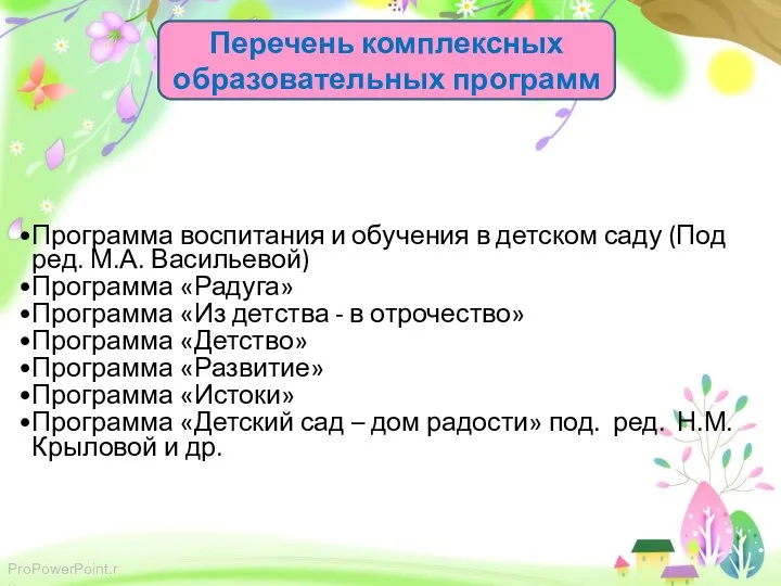 Перечень комплексных образовательных программ Программа воспитания и обучения в детском саду (Под