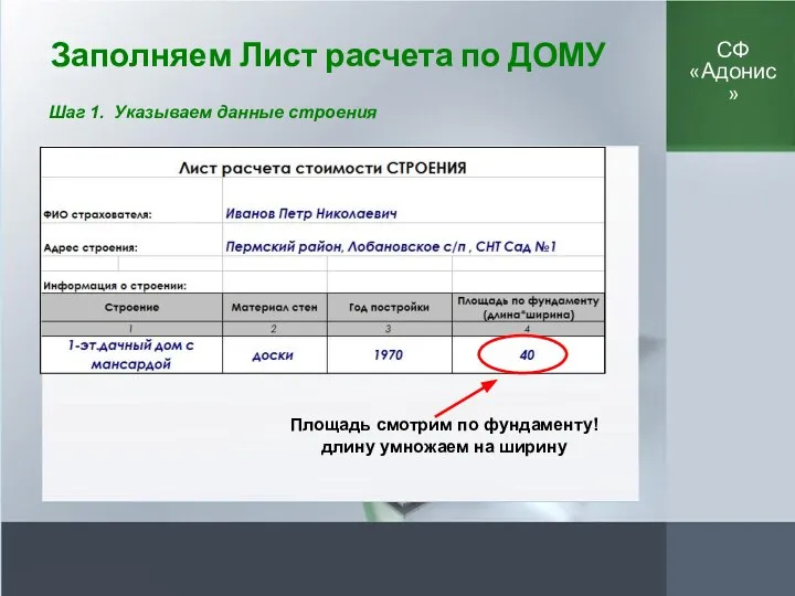 Заполняем Лист расчета по ДОМУ Площадь смотрим по фундаменту! длину умножаем на