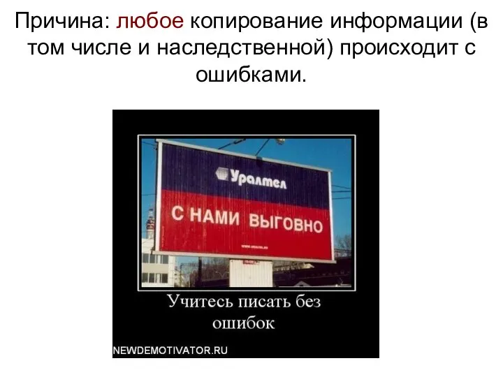 Причина: любое копирование информации (в том числе и наследственной) происходит с ошибками.