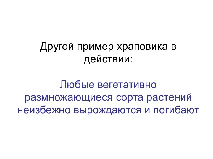 Другой пример храповика в действии: Любые вегетативно размножающиеся сорта растений неизбежно вырождаются и погибают