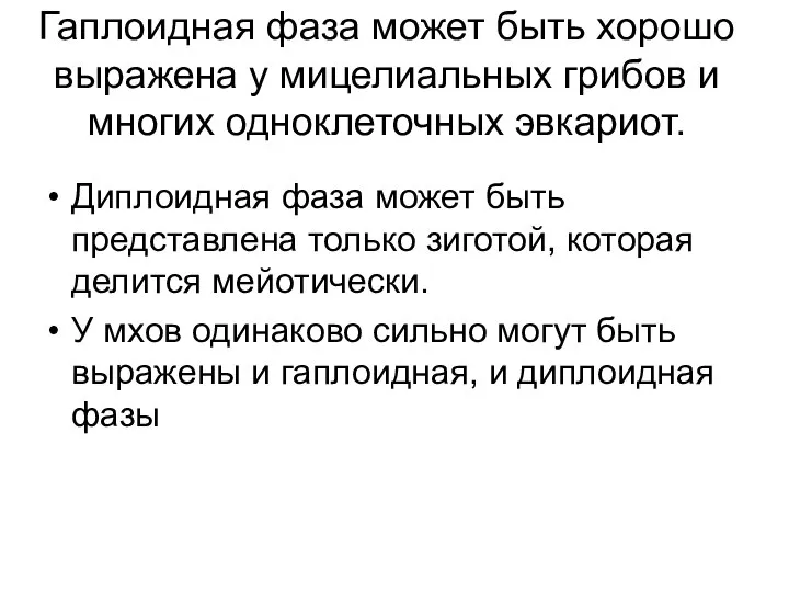 Гаплоидная фаза может быть хорошо выражена у мицелиальных грибов и многих одноклеточных