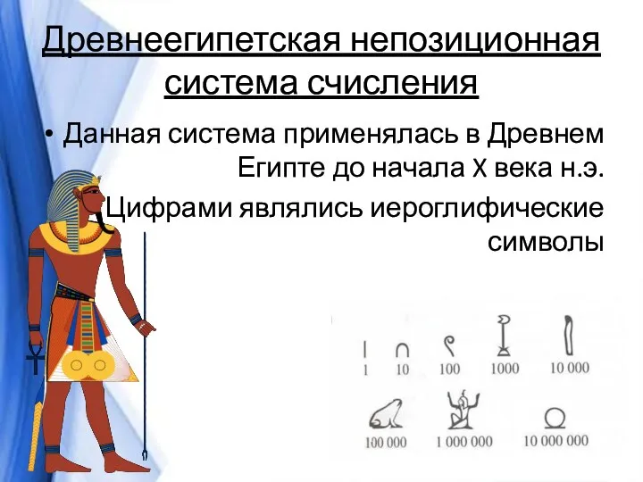 Древнеегипетская непозиционная система счисления Данная система применялась в Древнем Египте до начала