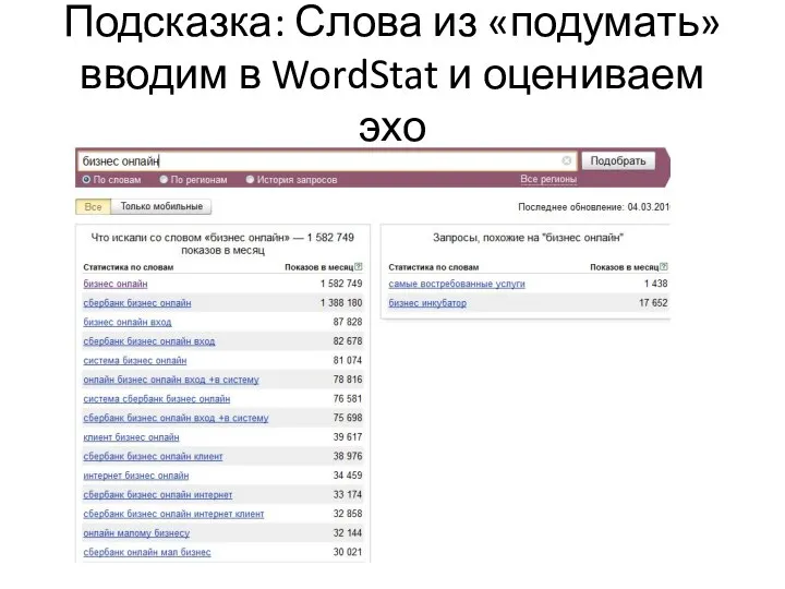 Подсказка: Слова из «подумать» вводим в WordStat и оцениваем эхо