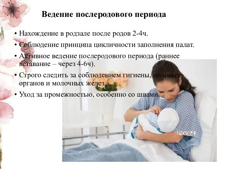 Ведение послеродового периода Нахождение в родзале после родов 2-4ч. Соблюдение принципа цикличности