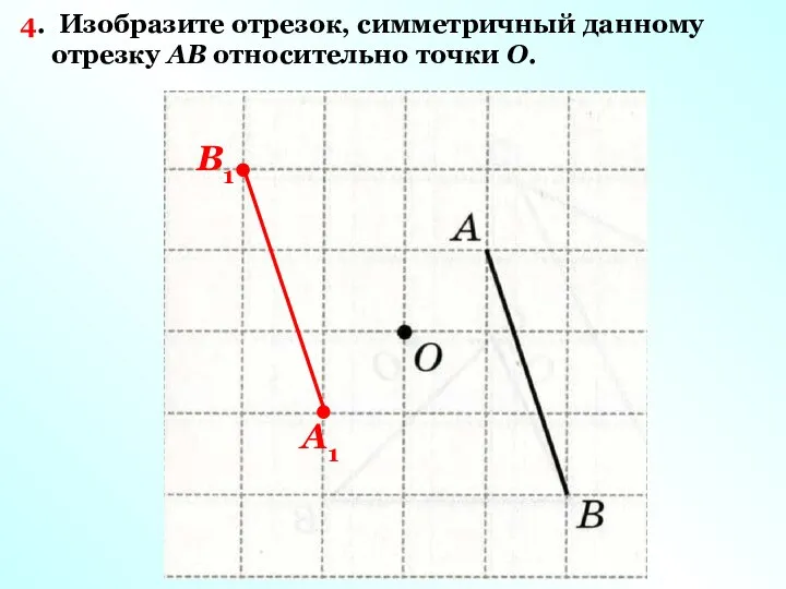4. Изобразите отрезок, симметричный данному отрезку AB относительно точки O. А1 B1