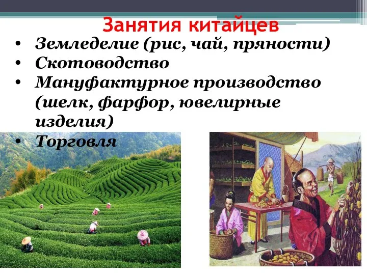 Занятия китайцев Земледелие (рис, чай, пряности) Скотоводство Мануфактурное производство (шелк, фарфор, ювелирные изделия) Торговля