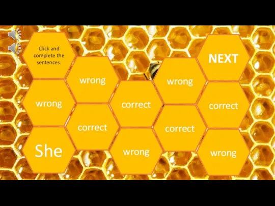 Click and complete the sentences. She correct correct wrong wrong wrong wrong correct correct wrong NEXT