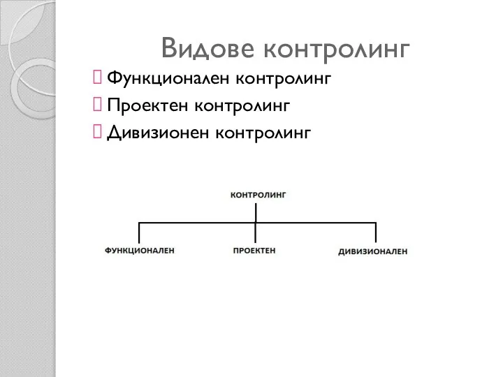 Видове контролинг Функционален контролинг Проектен контролинг Дивизионен контролинг