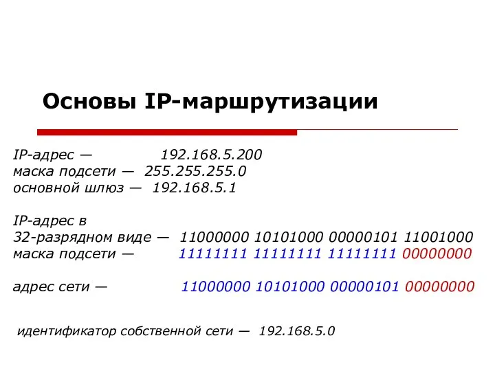 Основы IР-маршрутизации адрес сети — 11000000 10101000 00000101 00000000 IP-адрес — 192.168.5.200