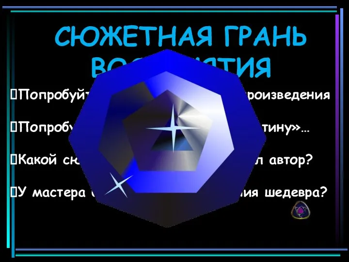 СЮЖЕТНАЯ ГРАНЬ ВОСПРИЯТИЯ Попробуйте пересказать сюжет произведения Попробуйте увидеть «ожившую картину»… Какой