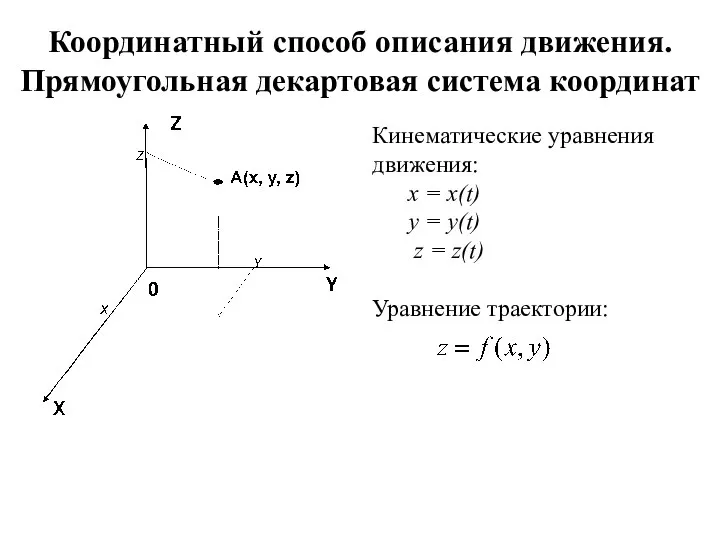 Координатный способ описания движения. Прямоугольная декартовая система координат Кинематические уравнения движения: x