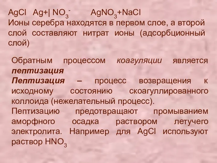 AgCl Ag+| NO3- AgNO3+NaCl Ионы серебра находятся в первом слое, а второй