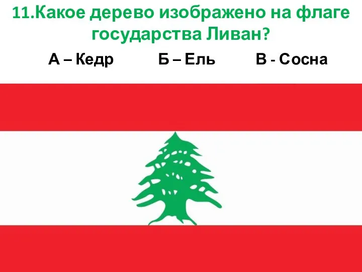 11.Какое дерево изображено на флаге государства Ливан? А – Кедр Б – Ель В - Сосна