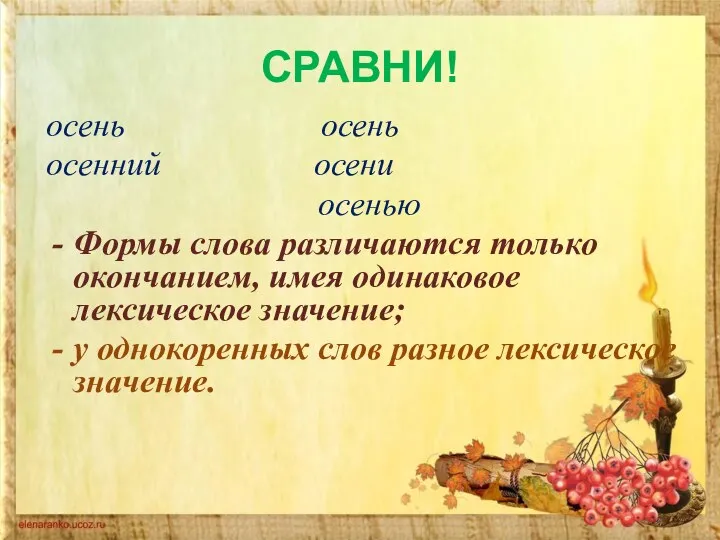 СРАВНИ! осень осень осенний осени осенью Формы слова различаются только окончанием, имея