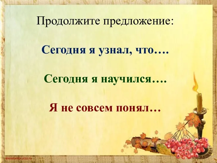 Продолжите предложение: Сегодня я узнал, что…. Сегодня я научился…. Я не совсем понял…