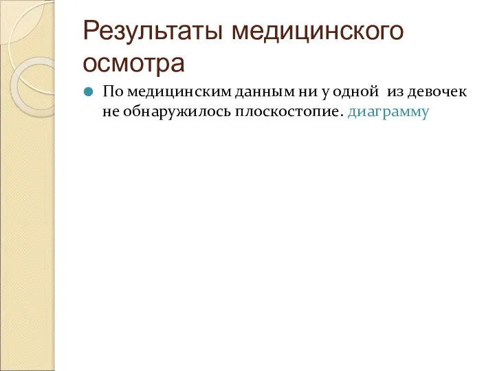 Результаты медицинского осмотра По медицинским данным ни у одной из девочек не обнаружилось плоскостопие. диаграмму