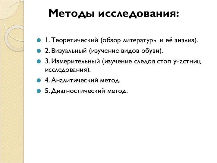 Методы исследования: 1. Теоретический (обзор литературы и её анализ). 2. Визуальный (изучение